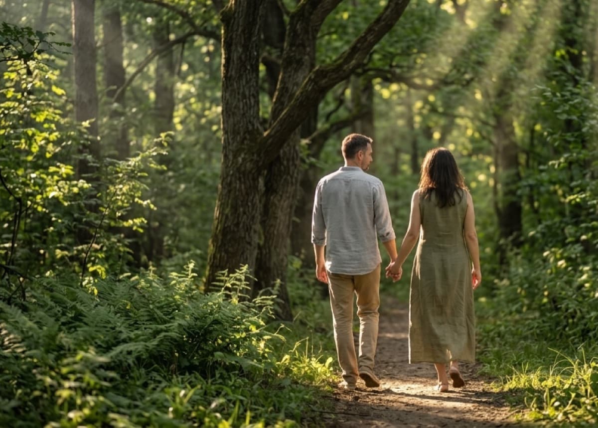 A couple walking a forest trail in early morning light